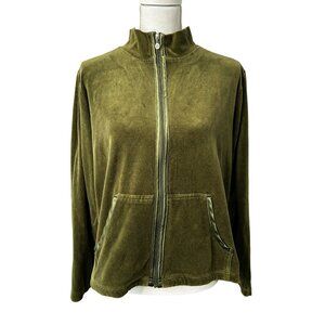 Erika Velour Zip-Up Jacket Women's Sz M Olive Green Soft Lounge Top with Pockets